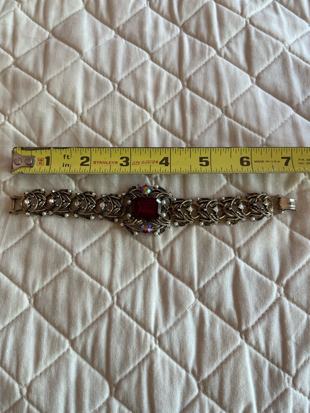 Vintage Antiqued Gold Tone Statement Bracelet with Red Rhinestone and Pearls - Picture 5 of 7